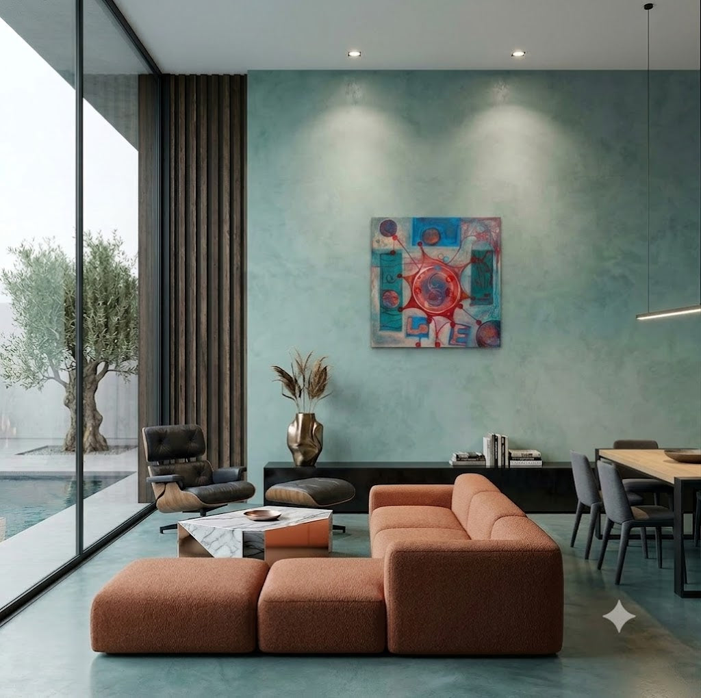 Son 48 abstract symbolic artwork featuring a central circular form, interconnected red and blue geometric elements, and the word LOVE integrated into the composition, displayed as contemporary wall art in a modern living room.