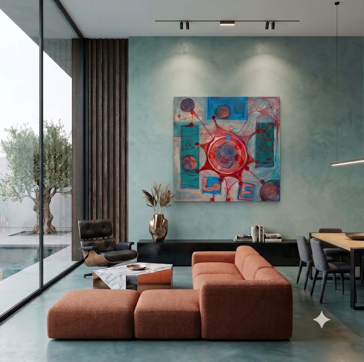 Son 48 abstract symbolic artwork featuring a central circular form, interconnected red and blue geometric elements, and the word LOVE integrated into the composition, displayed as contemporary wall art in a modern living room.
