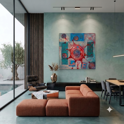 Son 48 abstract symbolic artwork featuring a central circular form, interconnected red and blue geometric elements, and the word LOVE integrated into the composition, displayed as contemporary wall art in a modern living room.