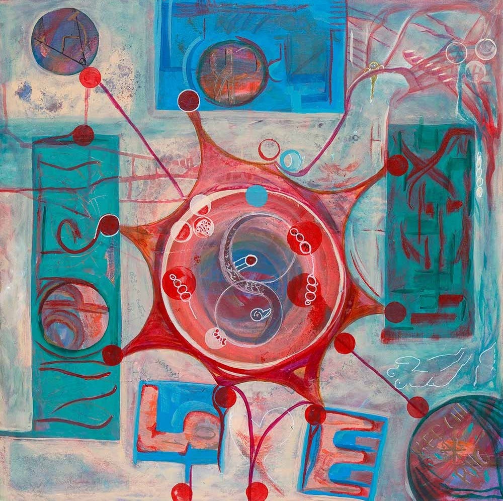 Son 48 abstract symbolic artwork featuring a central circular form, interconnected red and blue geometric elements, and the word LOVE integrated into a contemporary composition exploring connection, energy, and relationships.