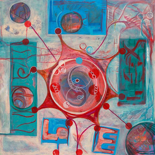 Son 48 abstract symbolic artwork featuring a central circular form, interconnected red and blue geometric elements, and the word LOVE integrated into a contemporary composition exploring connection, energy, and relationships.