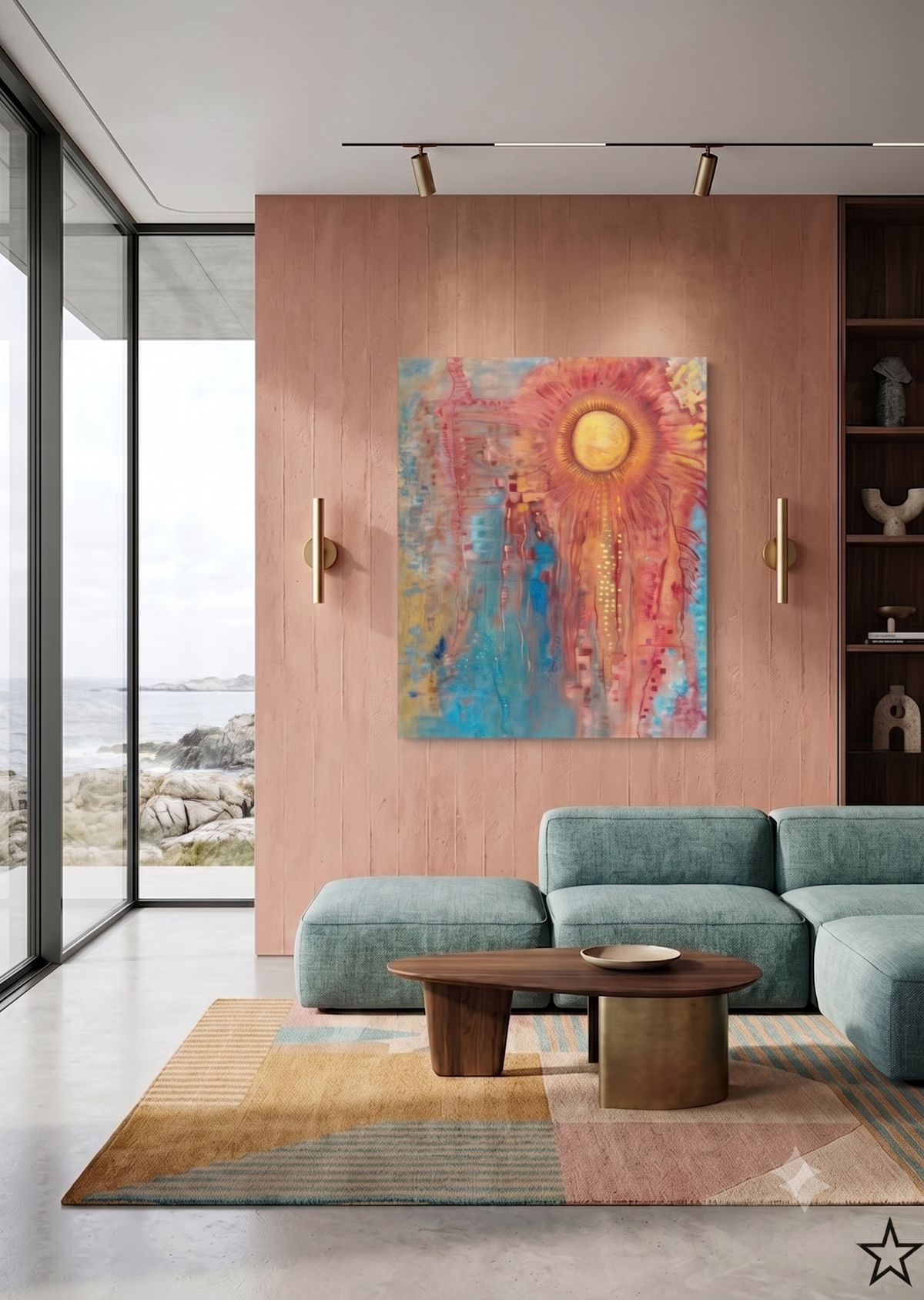 The Core abstract artwork featuring a radiant golden center surrounded by flowing pink, orange, blue, and turquoise tones, displayed as contemporary wall art in a modern living room.