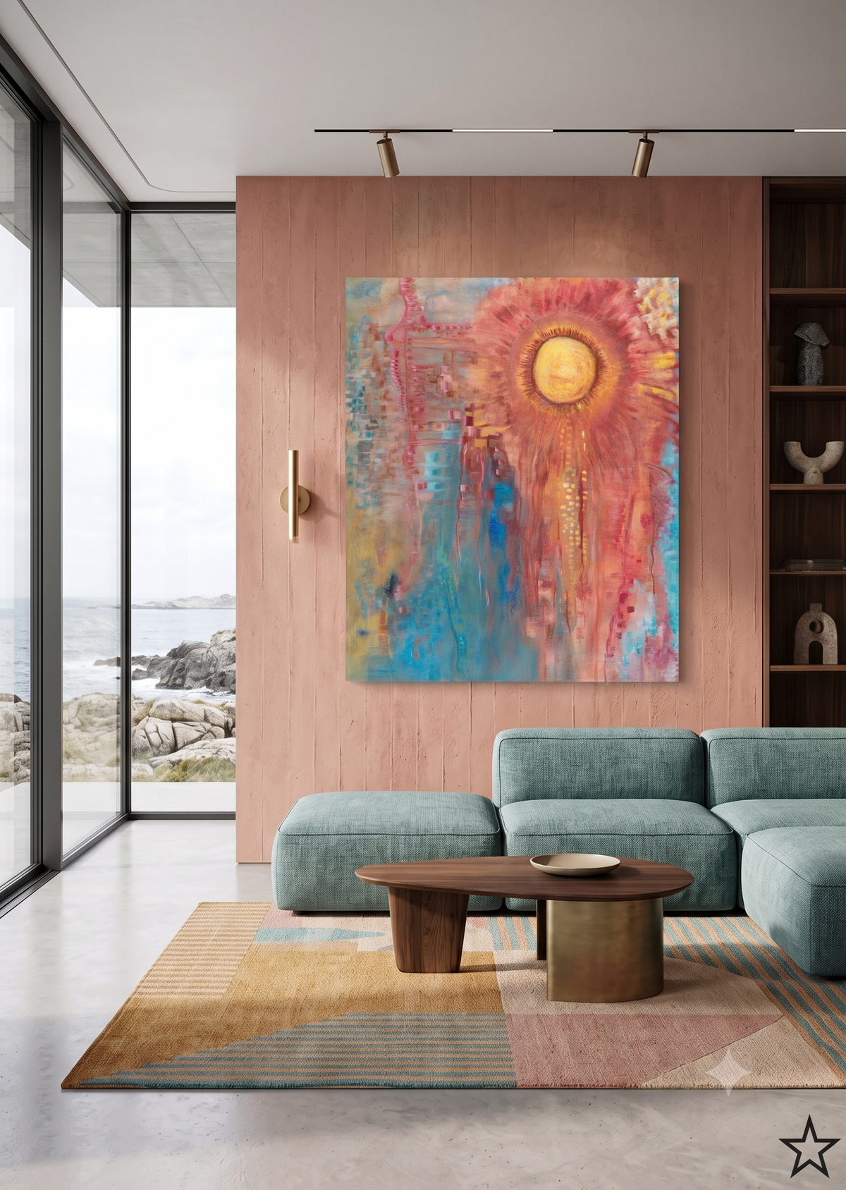 The Core abstract artwork featuring a radiant golden center surrounded by flowing pink, orange, turquoise, and blue tones, displayed as contemporary wall art in a modern living room.
