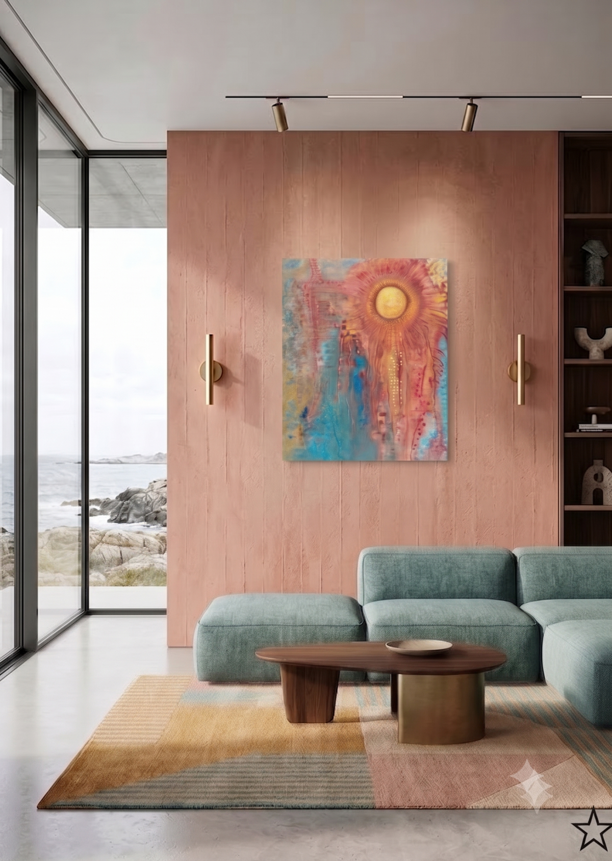 The Core abstract artwork featuring a radiant golden center surrounded by flowing pink, orange, turquoise, and blue tones, displayed as contemporary wall art in a modern living room.
