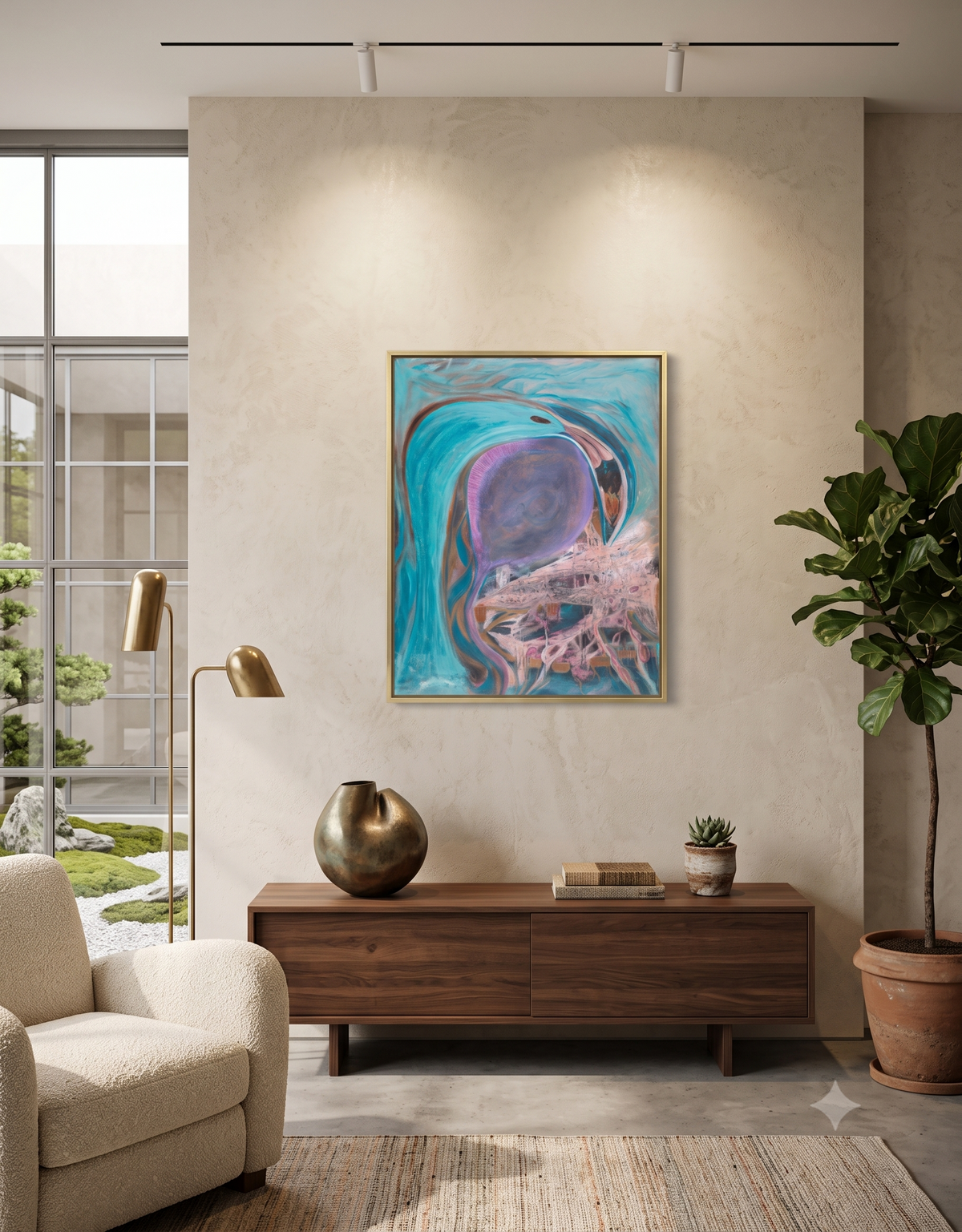 The Dungeon abstract underwater artwork featuring jellyfish-inspired forms, flowing turquoise currents, and intricate organic textures, displayed as contemporary wall art in a modern living room.
