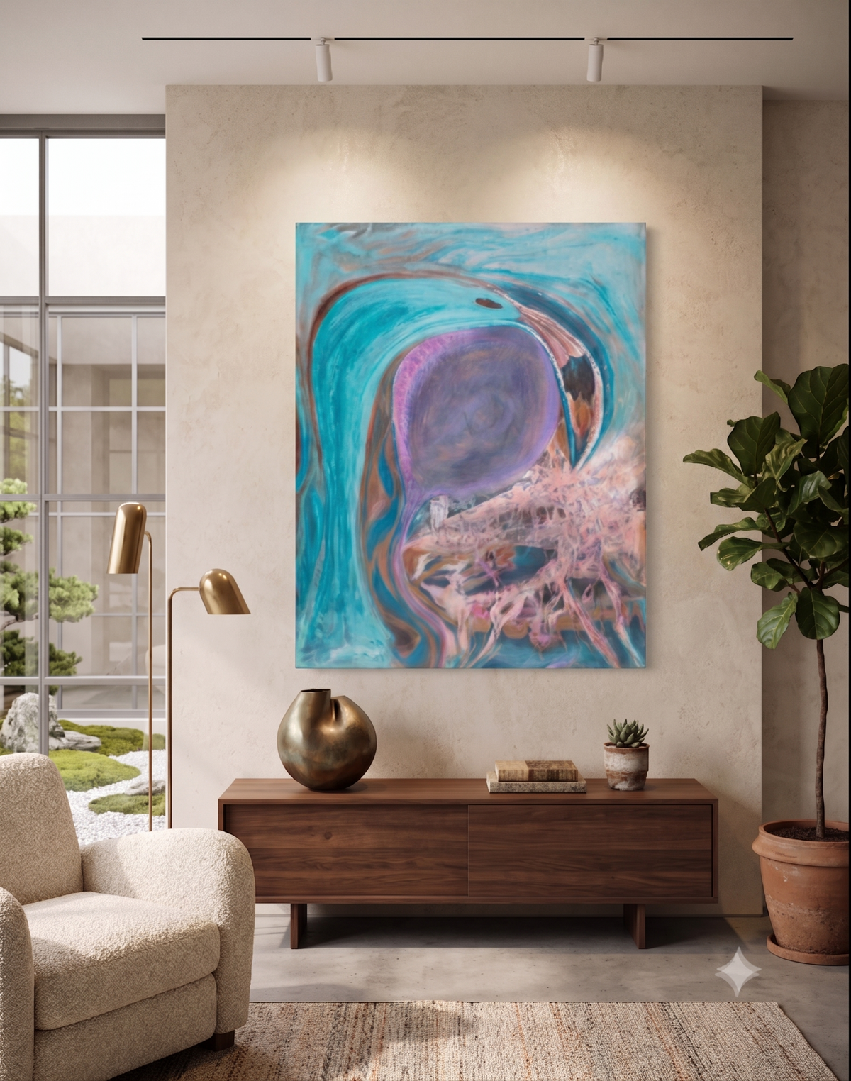 The Dungeon abstract underwater artwork featuring jellyfish-inspired forms, flowing turquoise currents, and intricate organic textures, displayed as contemporary wall art in a modern living room interior.