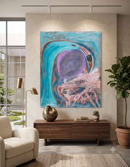 The Dungeon abstract underwater artwork featuring jellyfish-inspired forms, flowing turquoise currents, and layered organic textures, displayed as contemporary wall art in a modern living room.