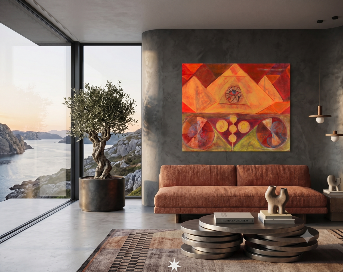 The Hidden Chambers abstract artwork featuring pyramids, a central eye symbol, geometric forms, and warm red, orange, and gold tones, displayed as contemporary wall art in a modern living room.
