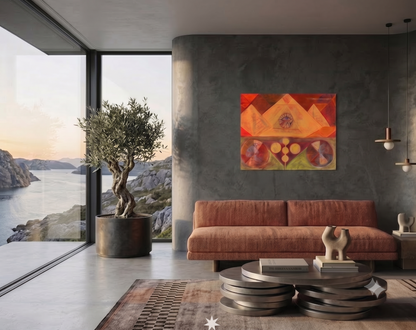 The Hidden Chambers abstract artwork featuring pyramids, a central eye symbol, geometric forms, and warm red, orange, and gold tones, displayed as contemporary wall art in a modern living room.