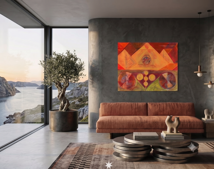 The Hidden Chambers abstract artwork featuring pyramids, a central eye symbol, geometric forms, and warm red, orange, and gold tones, displayed as contemporary wall art in a modern living room.
