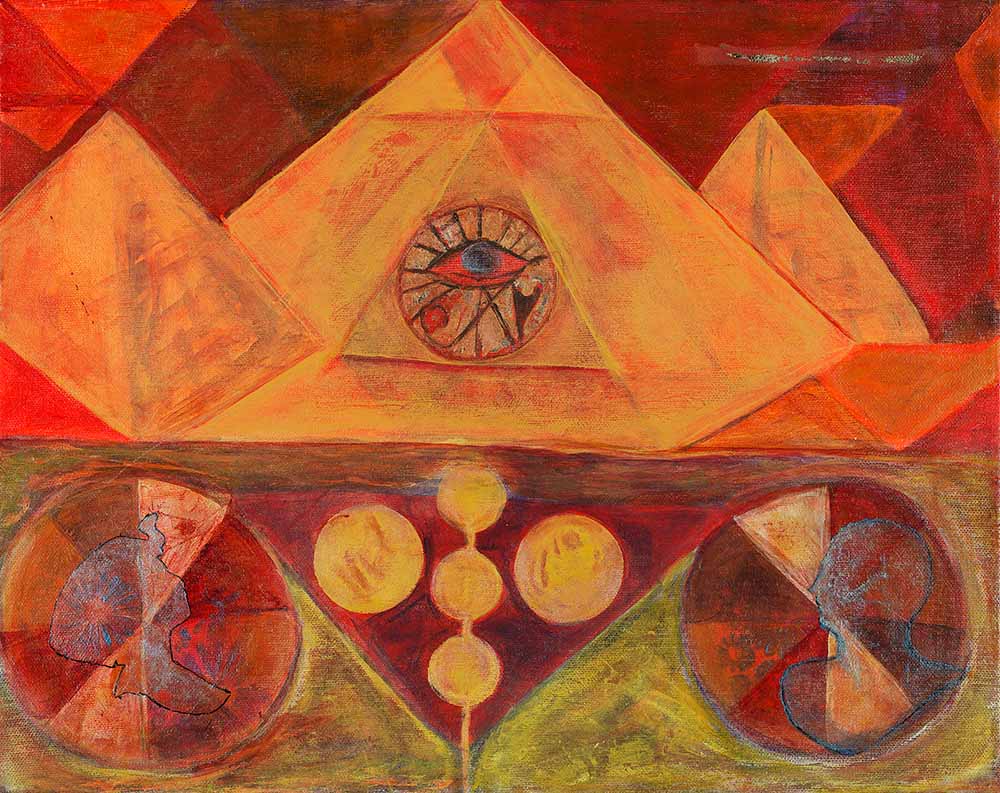 The Hidden Chambers abstract artwork featuring pyramids, a central eye symbol, geometric forms, and warm red, orange, and gold tones in a mystical contemporary composition.