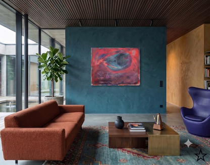 The Key to Music abstract artwork featuring deep red, purple, and blue tones with flowing forms and subtle musical elements, displayed as contemporary wall art in a modern living room with a blue feature wall.