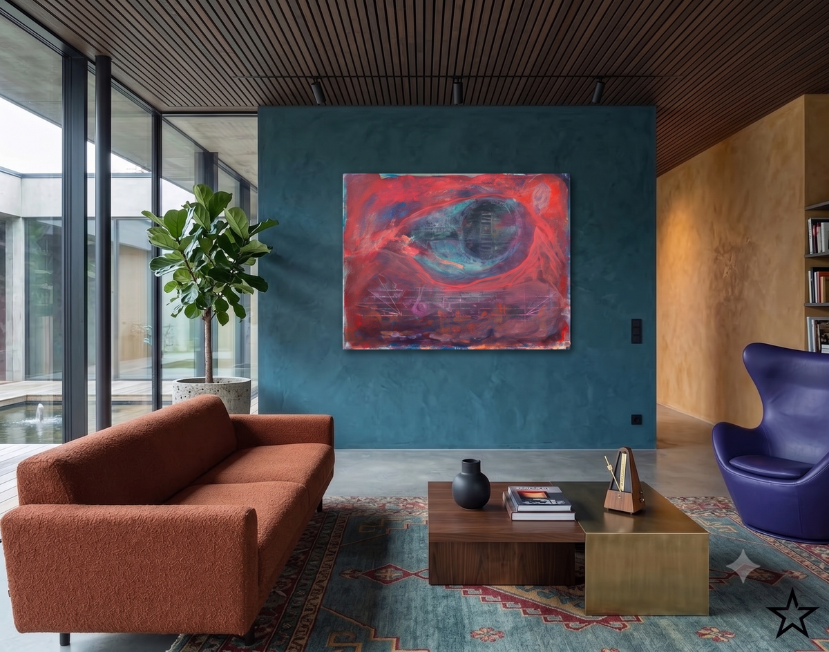 The Key to Music abstract artwork featuring deep red, purple, and blue tones with flowing forms and subtle musical elements, displayed as contemporary wall art in a modern living room with a blue feature wall.