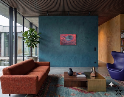 The Key to Music abstract artwork featuring deep red, purple, and blue tones with flowing forms and subtle musical elements, displayed as contemporary wall art in a modern living room with a blue feature wall.