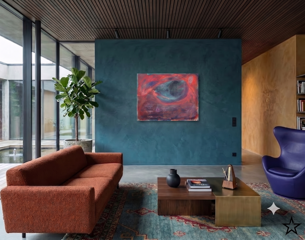 The Key to Music abstract artwork featuring deep red, purple, and blue tones with flowing forms and subtle musical elements, displayed as contemporary wall art in a modern living room with a textured blue feature wall.