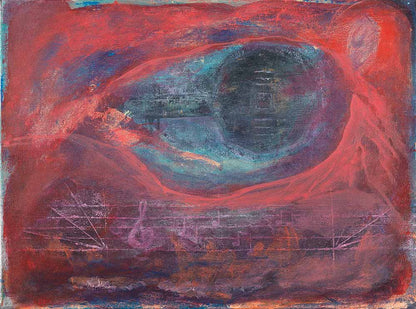The Key to Music abstract artwork featuring deep red, purple, and blue tones with flowing forms and subtle musical elements in a contemporary expressionist composition.