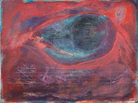The Key to Music abstract artwork featuring deep red, purple, and blue tones with flowing forms and subtle musical elements in a contemporary expressionist composition.