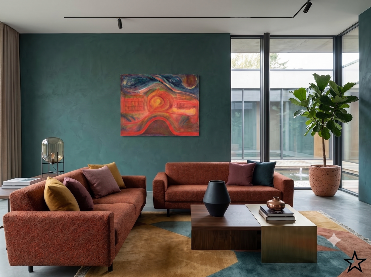 The Standard Deviation abstract expressionist artwork featuring vibrant red, orange, blue, and gold tones with dynamic flowing forms and layered textures, displayed as contemporary wall art in a modern living room.