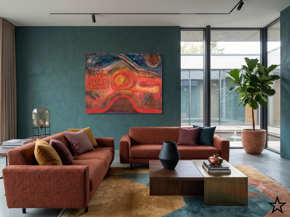 The Standard Deviation abstract expressionist artwork featuring vibrant red, orange, blue, and gold tones with dynamic flowing forms and layered textures, displayed as contemporary wall art in a modern living room with a teal feature wall.