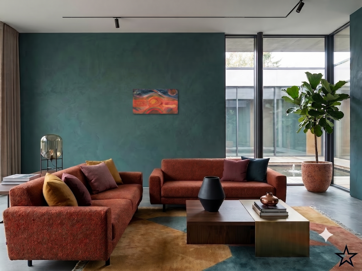 The Standard Deviation abstract expressionist artwork featuring vibrant red, orange, blue, and gold tones with dynamic flowing forms and layered textures, displayed as contemporary wall art in a modern living room with a teal feature wall.