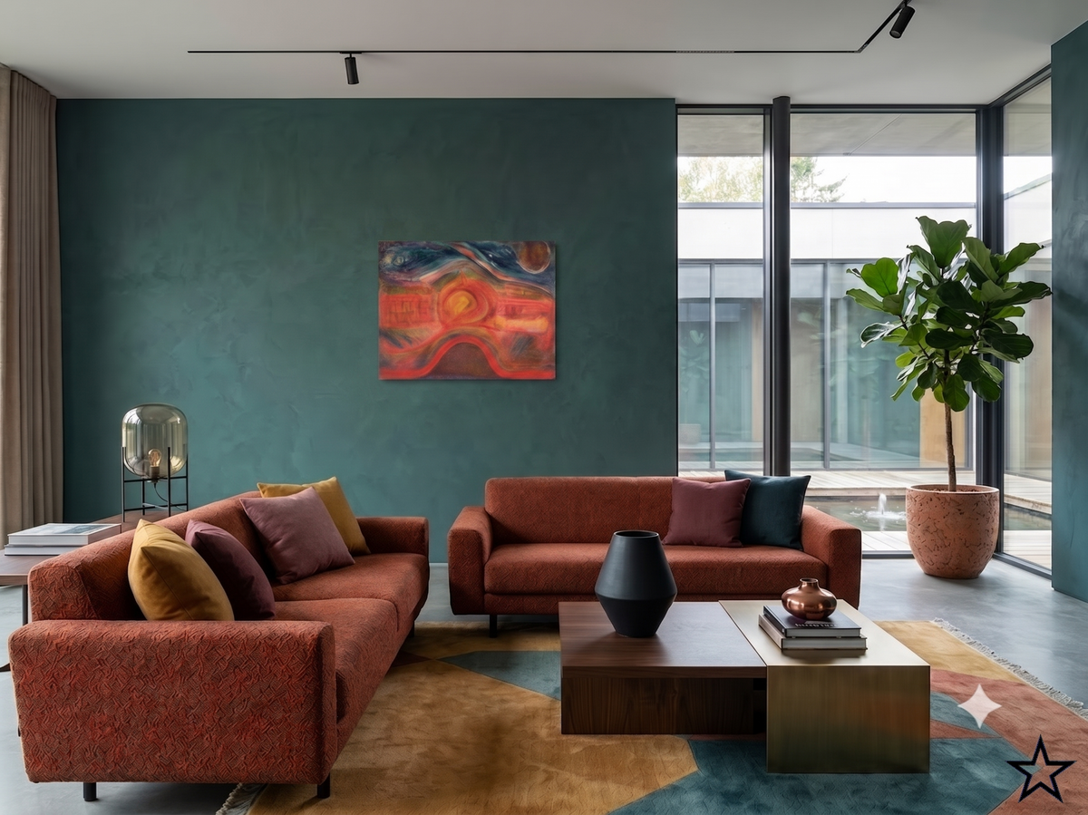 The Standard Deviation abstract expressionist artwork featuring vibrant red, orange, blue, and gold tones with dynamic flowing forms and layered textures, displayed as contemporary wall art in a modern living room with a teal feature wall.