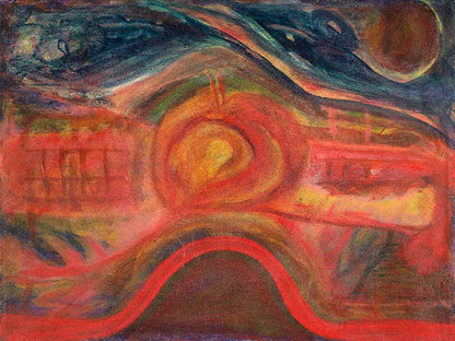 The Standard Deviation abstract expressionist artwork featuring dynamic red, blue, orange, and gold tones with flowing forms and layered textures in a contemporary composition.